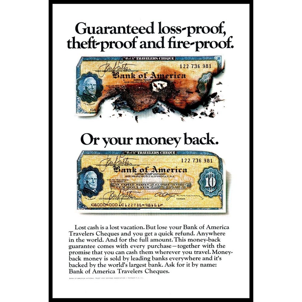 1970 Bank of America Travelers Cheques Checks Vintage Print Ad Vacation Wall Art